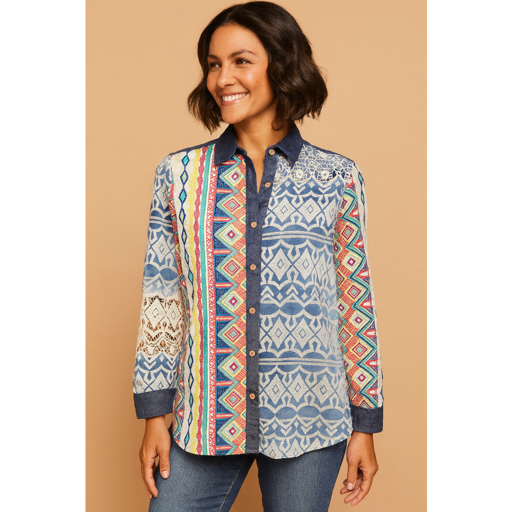 John Mark Embroidered Lace Patchwork Button-Down … - image 1